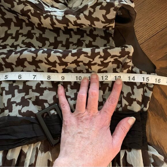 ZARA Brown Houndstooth Silk Chiffon Roll Neck Belt Sleeveless Cocktail Dress, S - Picture 9 of 11